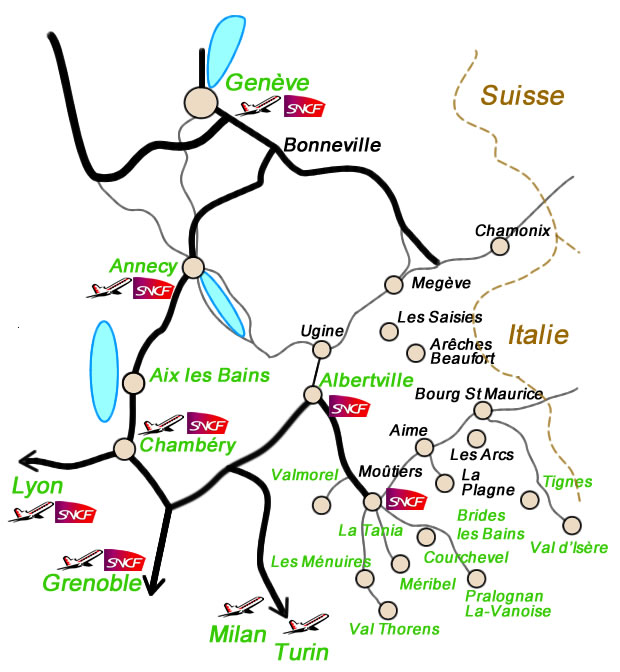 zones de prises en charge taxi en Savoie, destinations sports d'hiver